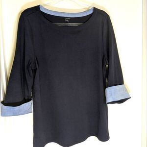 Nautica Chambray-Cuff Top Knit Boat Neck Relaxed Fit 3/4 Sleeves XL Navy NWT